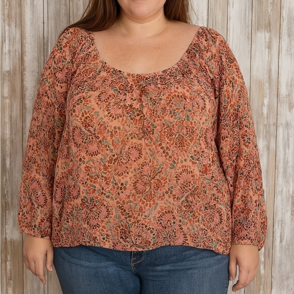 DR2 Floral Smocked Peasant Blouse Boho 3/4 Sleeve Orange Brown Large